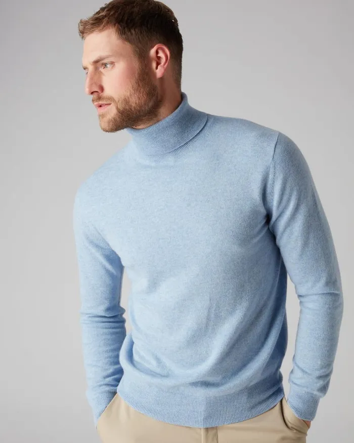 NPeal Jumpers Men Trafalgar Roll Neck Cashmere Jumper Cornflower Blue