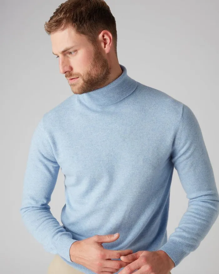NPeal Jumpers Men Trafalgar Roll Neck Cashmere Jumper Cornflower Blue
