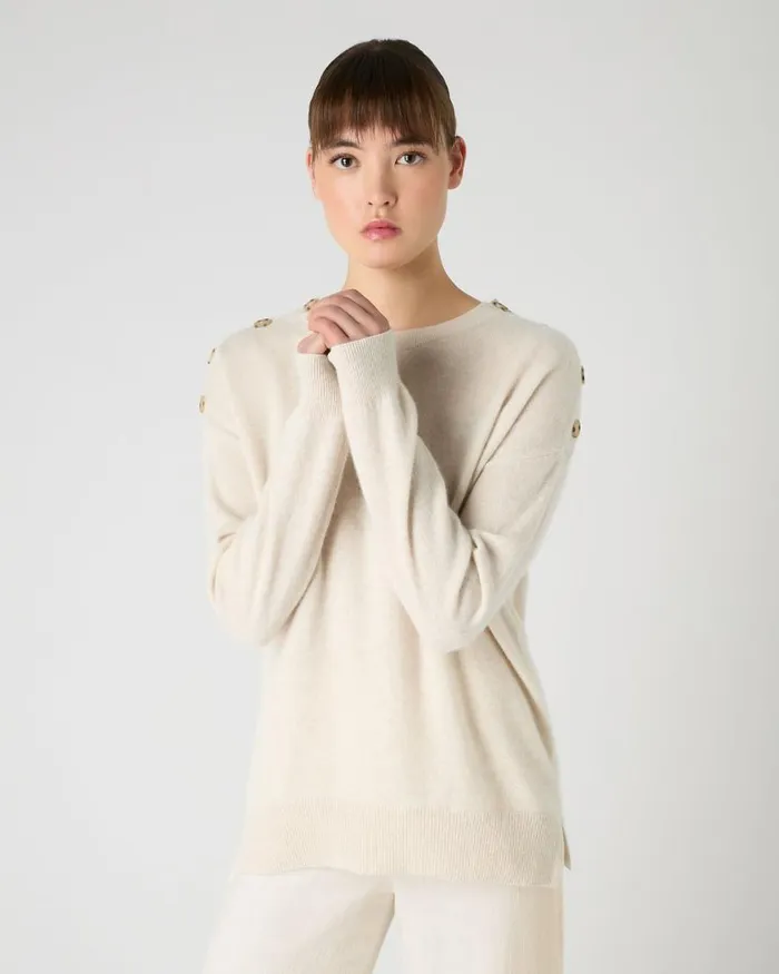 NPeal Jumpers Women Button Shoulder Round Neck Cashmere Jumper Ecru White