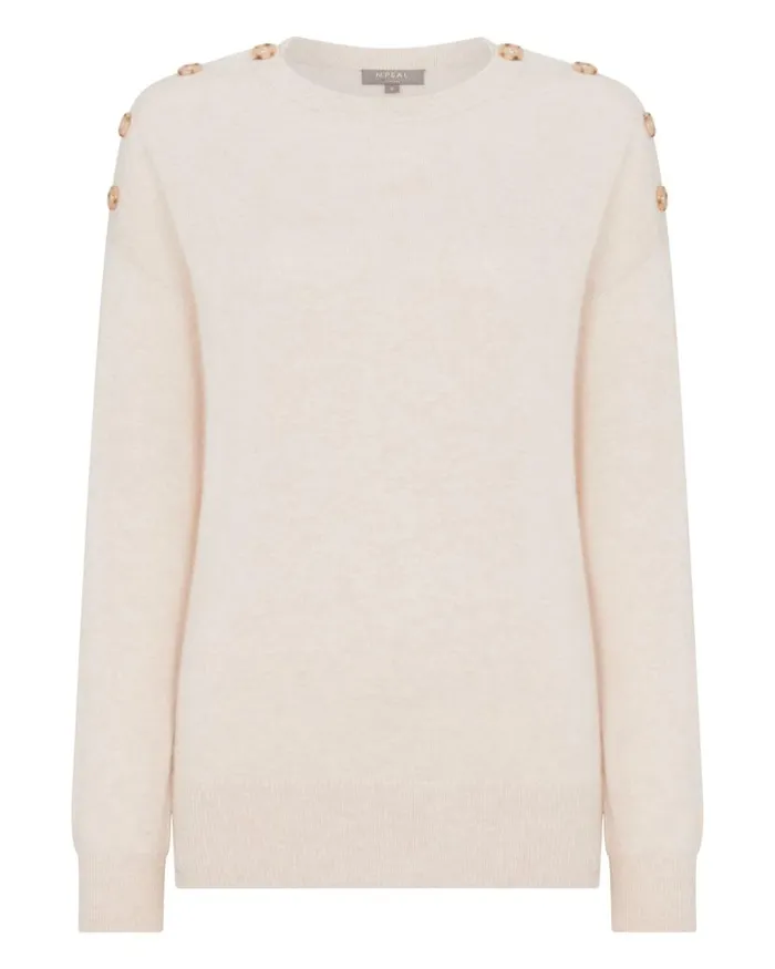 NPeal Jumpers Women Button Shoulder Round Neck Cashmere Jumper Ecru White