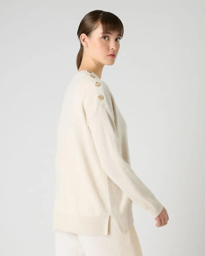 NPeal Jumpers Women Button Shoulder Round Neck Cashmere Jumper Ecru White