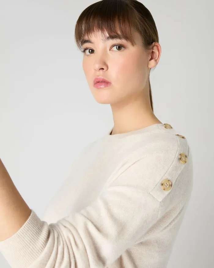 NPeal Jumpers Women Button Shoulder Round Neck Cashmere Jumper Ecru White