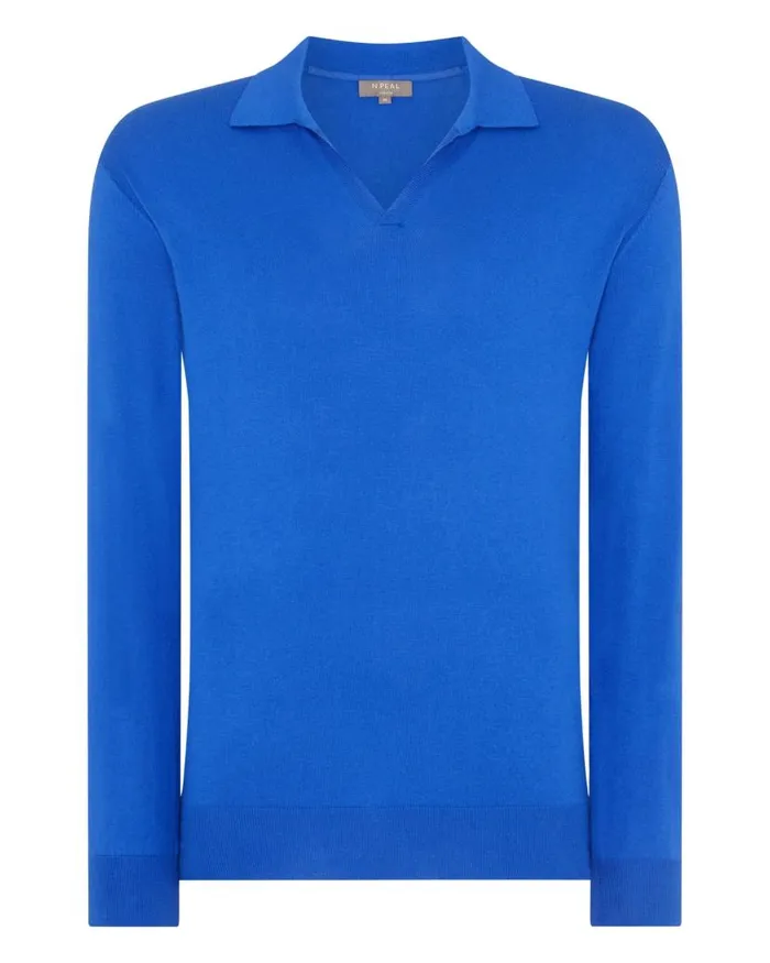 NPeal Polos and Tshirts Men Polo Neck Cotton Cashmere Jumper Victoria Blue