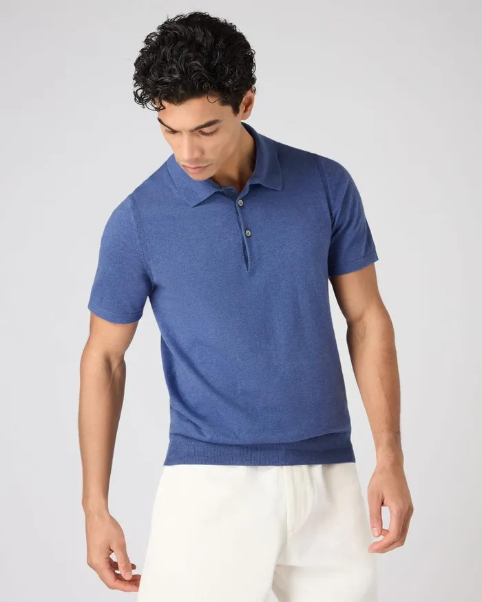 NPeal Polos and Tshirts Men Polzeath Cotton Cashmere Polo TShirt Denim Blue