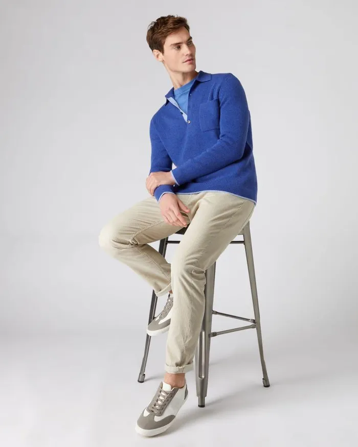 NPeal Polos and Tshirts Men Ribbed Cashmere Polo Shirt Nile Blue