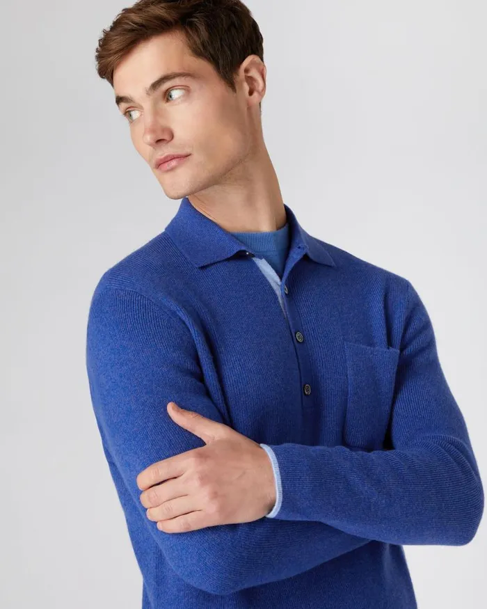 NPeal Polos and Tshirts Men Ribbed Cashmere Polo Shirt Nile Blue