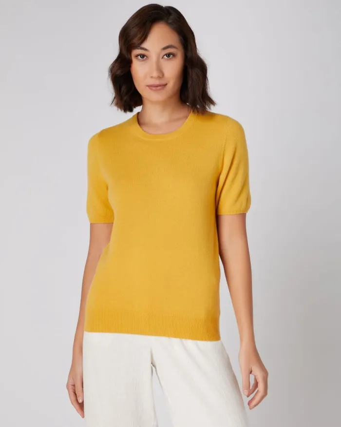NPeal Tops and Tshirts Women Round Neck Cashmere T Shirt Canary Yellow