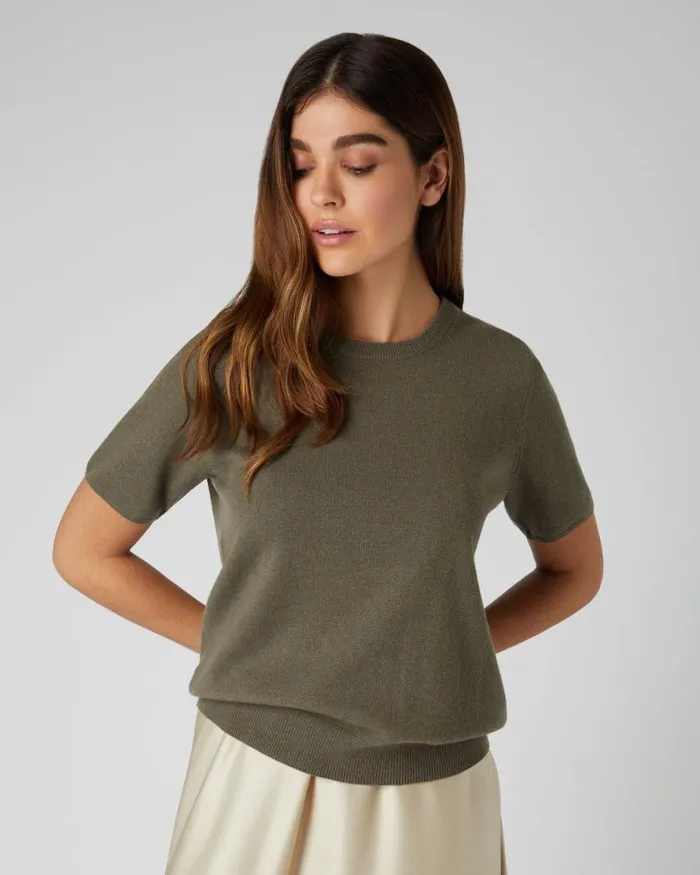 NPeal Tops and Tshirts Women Round Neck Cashmere T Shirt Khaki Green