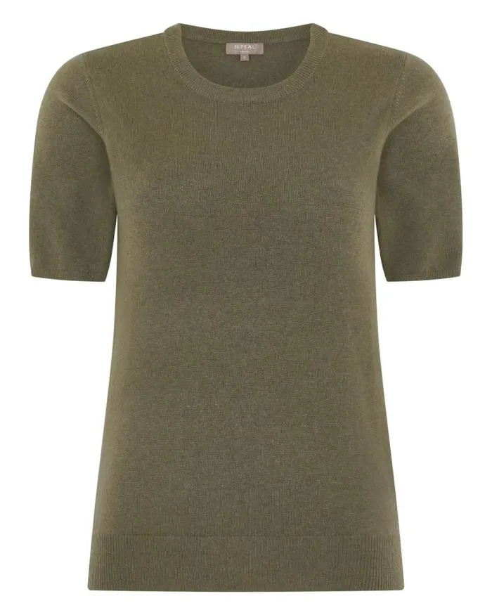 NPeal Tops and Tshirts Women Round Neck Cashmere T Shirt Khaki Green