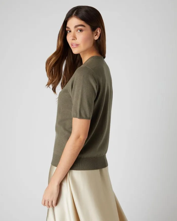 NPeal Tops and Tshirts Women Round Neck Cashmere T Shirt Khaki Green