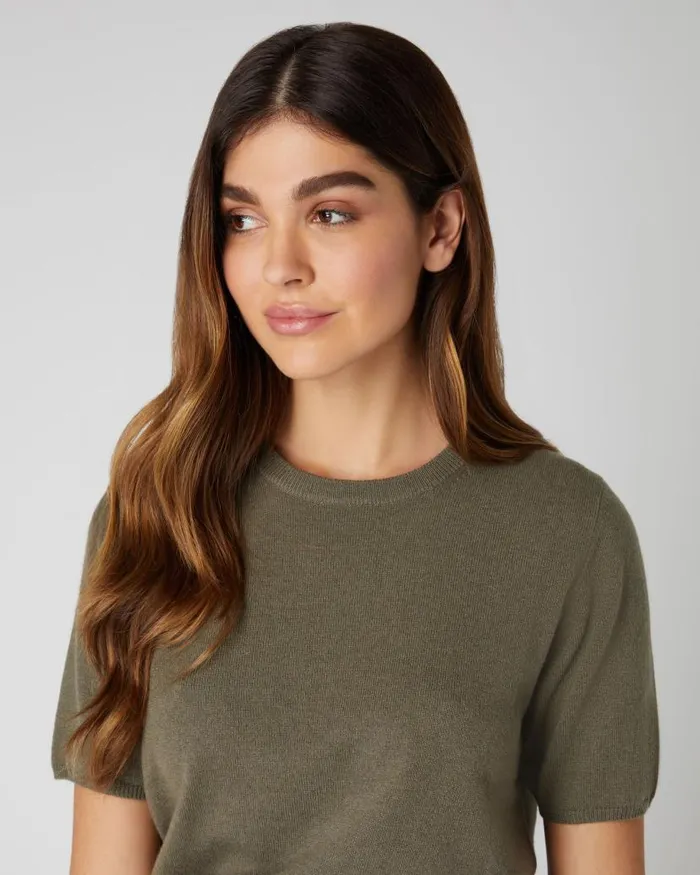 NPeal Tops and Tshirts Women Round Neck Cashmere T Shirt Khaki Green