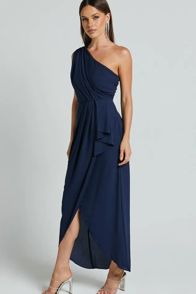 Namaari Midi Dress 8211 Faux Wrap One Shoulder Dress In Navy Women Showpo Curve Clothes Namaari Midi Dress 8211 Faux Wrap One Shoulder Dress In Navy Women Showpo Curve Clothes