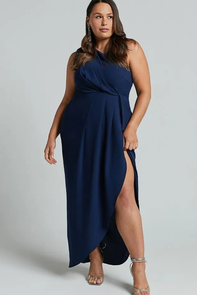 Namaari Midi Dress 8211 Faux Wrap One Shoulder Dress In Navy Women Showpo Curve Clothes