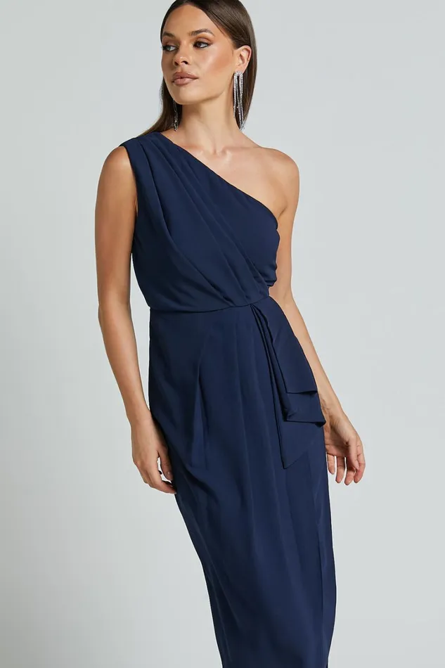 Namaari Midi Dress 8211 Faux Wrap One Shoulder Dress In Navy Women Showpo Curve Clothes