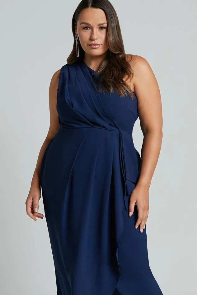 Namaari Midi Dress 8211 Faux Wrap One Shoulder Dress In Navy Women Showpo Curve Clothes