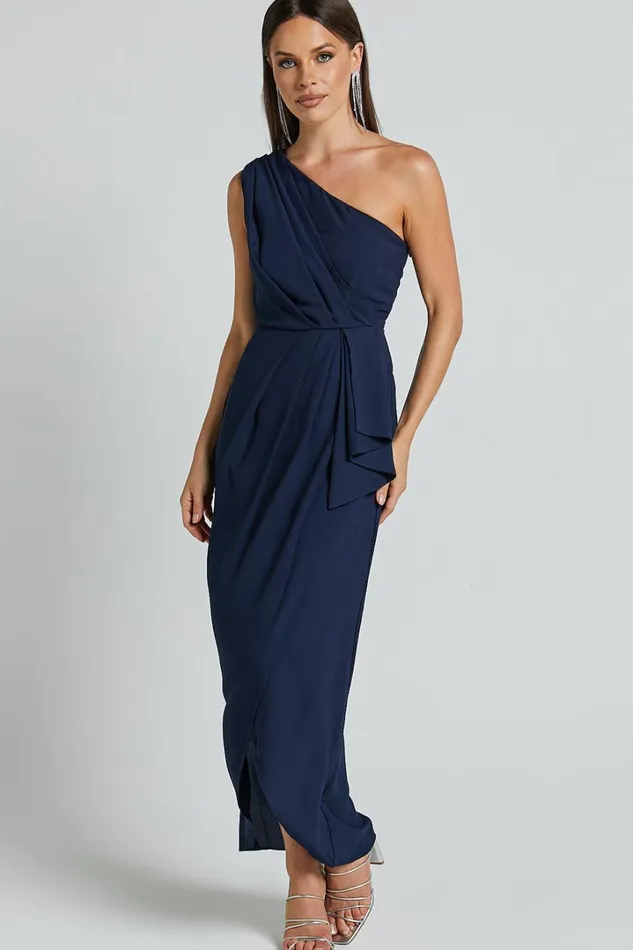Namaari Midi Dress 8211 Faux Wrap One Shoulder Dress In Navy Women Showpo Curve Clothes
