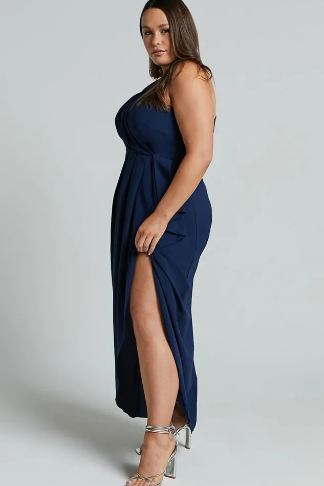 Namaari Midi Dress 8211 Faux Wrap One Shoulder Dress In Navy Women Showpo Curve Clothes