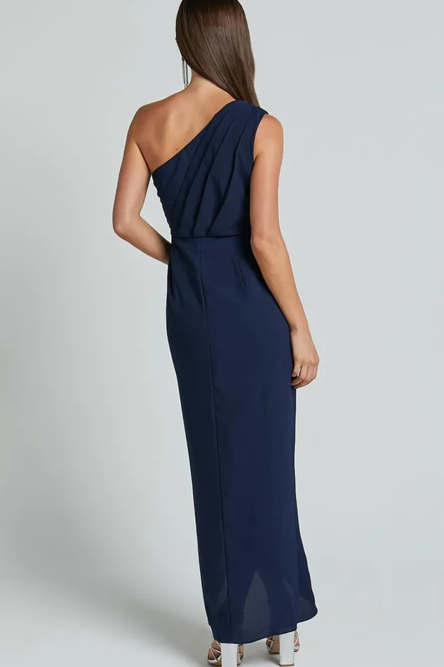 Namaari Midi Dress 8211 Faux Wrap One Shoulder Dress In Navy Women Showpo Curve Clothes