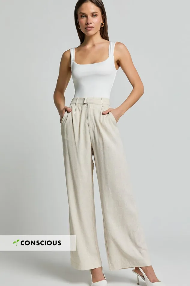 Nate Pants 8211 Mid Waist Tailored Linen Look Pants In Natural Women Showpo Conscious