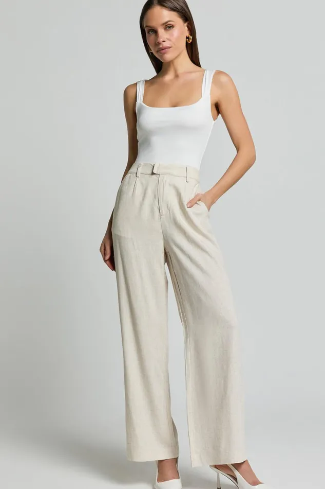 Nate Pants 8211 Mid Waist Tailored Linen Look Pants In Natural Women Showpo Conscious
