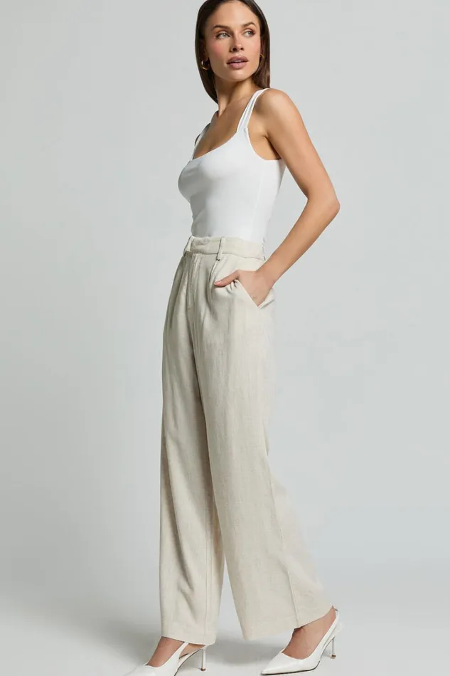 Nate Pants 8211 Mid Waist Tailored Linen Look Pants In Natural Women Showpo Conscious