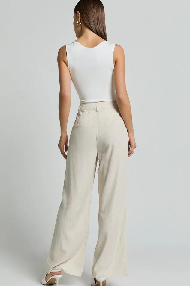 Nate Pants 8211 Mid Waist Tailored Linen Look Pants In Natural Women Showpo Conscious
