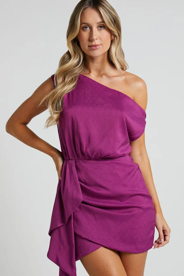 Niana Mini Dress 8211 Drape One Shoulder Dress In Purple Women Showpo Curve Clothes
