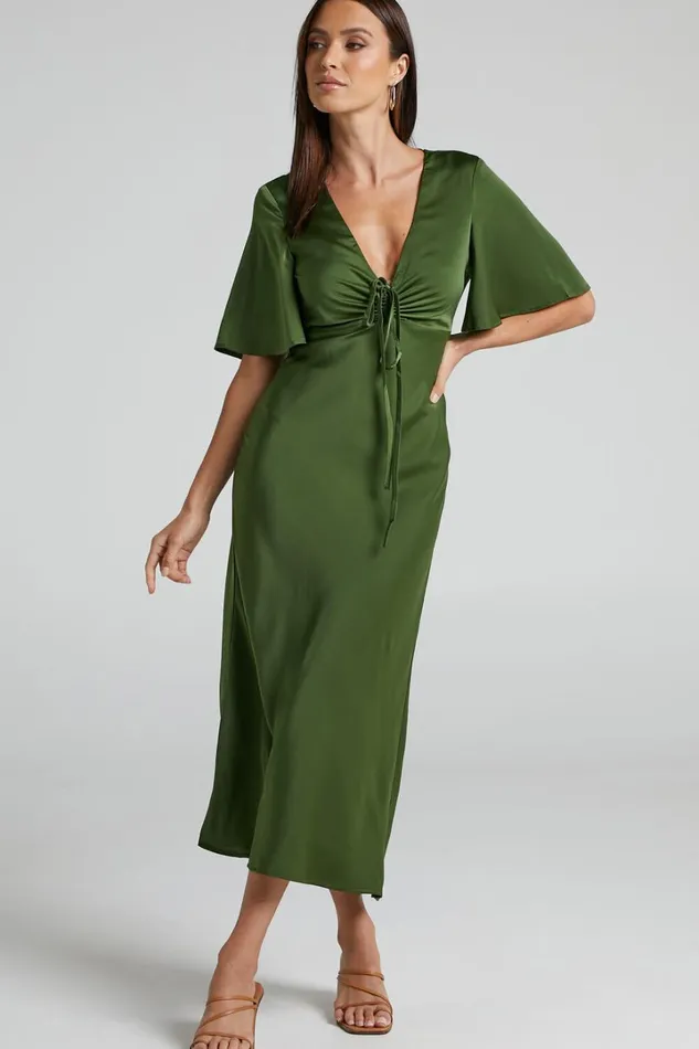 Nicholla Midi Dress 8211 Ruched Front Angel Sleeve Slip Dress In Olive Women Showpo Curve Clothes Nicholla Midi Dress 8211 Ruched Front Angel Sleeve Slip Dress In Olive Women Showpo Curve Clothes