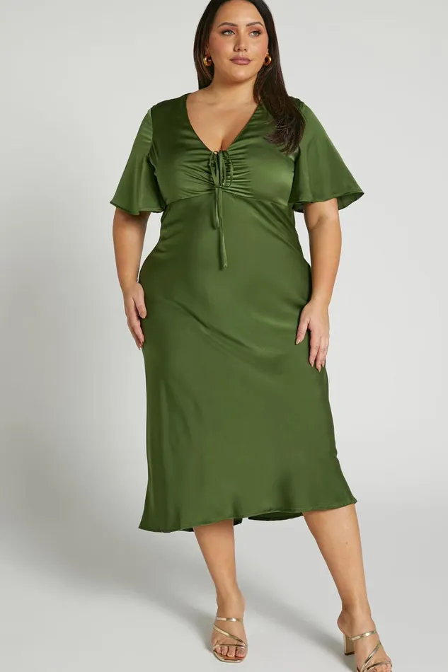 Nicholla Midi Dress 8211 Ruched Front Angel Sleeve Slip Dress In Olive Women Showpo Curve Clothes