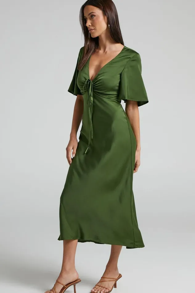 Nicholla Midi Dress 8211 Ruched Front Angel Sleeve Slip Dress In Olive Women Showpo Curve Clothes