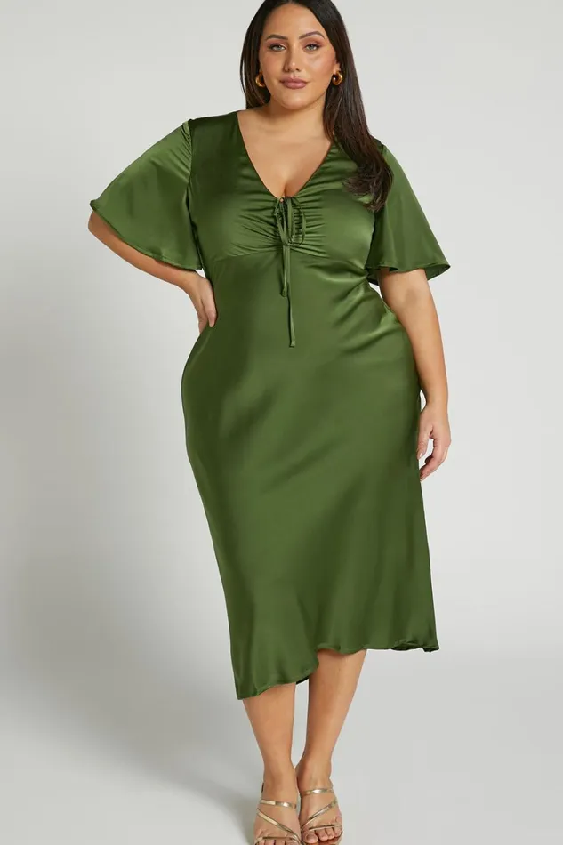 Nicholla Midi Dress 8211 Ruched Front Angel Sleeve Slip Dress In Olive Women Showpo Curve Clothes