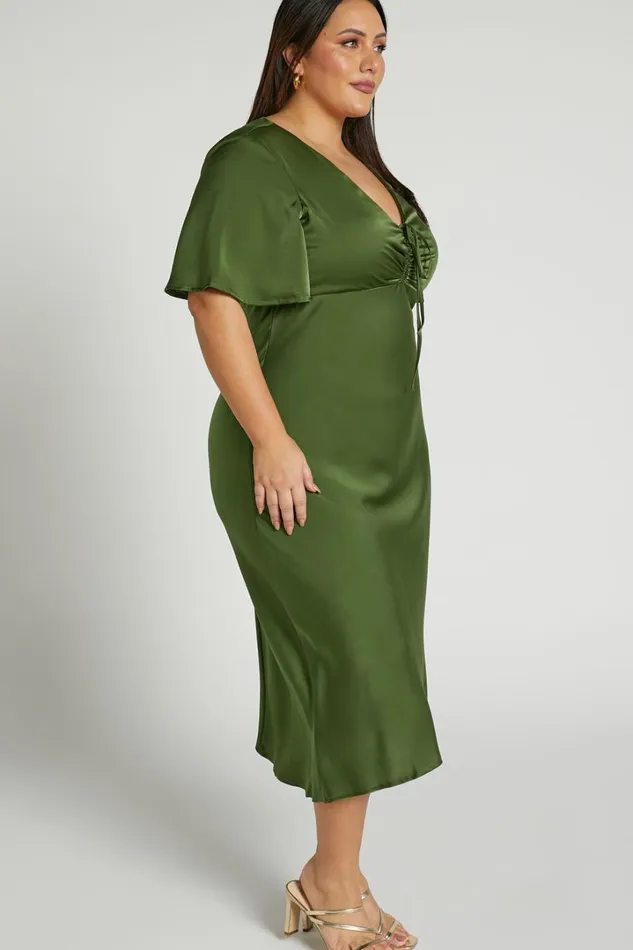 Nicholla Midi Dress 8211 Ruched Front Angel Sleeve Slip Dress In Olive Women Showpo Curve Clothes