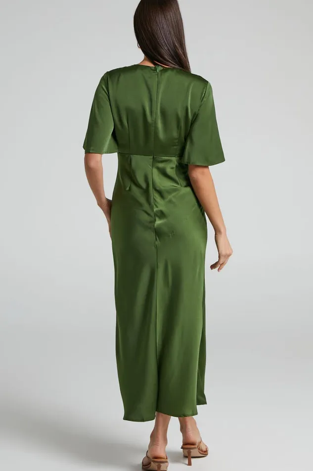 Nicholla Midi Dress 8211 Ruched Front Angel Sleeve Slip Dress In Olive Women Showpo Curve Clothes