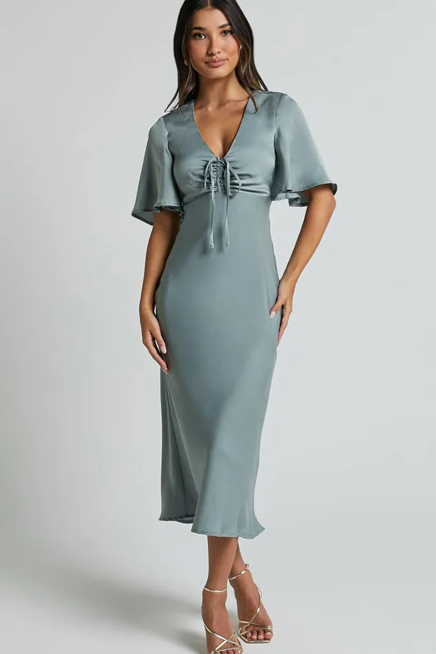 Nicholla Midi Dress 8211 Ruched Front Angel Sleeve Slip Dress In Sage Women Showpo Dresses Nicholla Midi Dress 8211 Ruched Front Angel Sleeve Slip Dress In Sage Women Showpo Dresses
