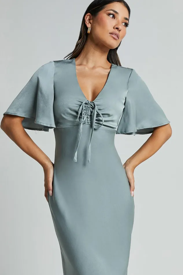 Nicholla Midi Dress 8211 Ruched Front Angel Sleeve Slip Dress In Sage Women Showpo Dresses