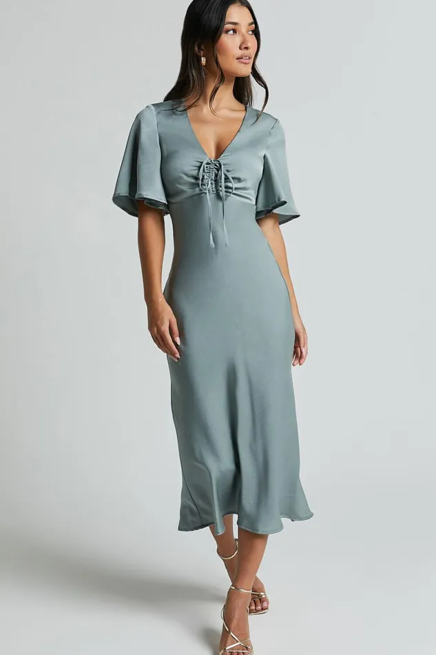 Nicholla Midi Dress 8211 Ruched Front Angel Sleeve Slip Dress In Sage Women Showpo Dresses