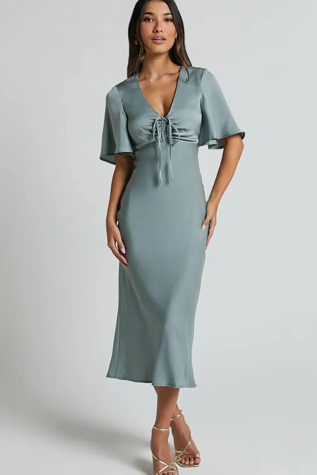 Nicholla Midi Dress 8211 Ruched Front Angel Sleeve Slip Dress In Sage Women Showpo Dresses