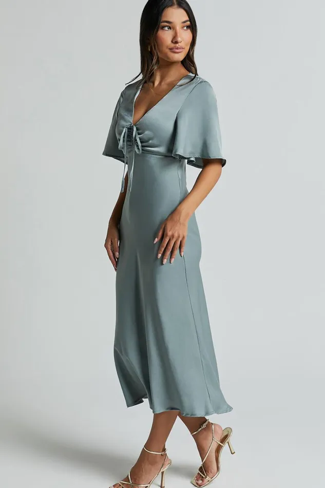 Nicholla Midi Dress 8211 Ruched Front Angel Sleeve Slip Dress In Sage Women Showpo Dresses