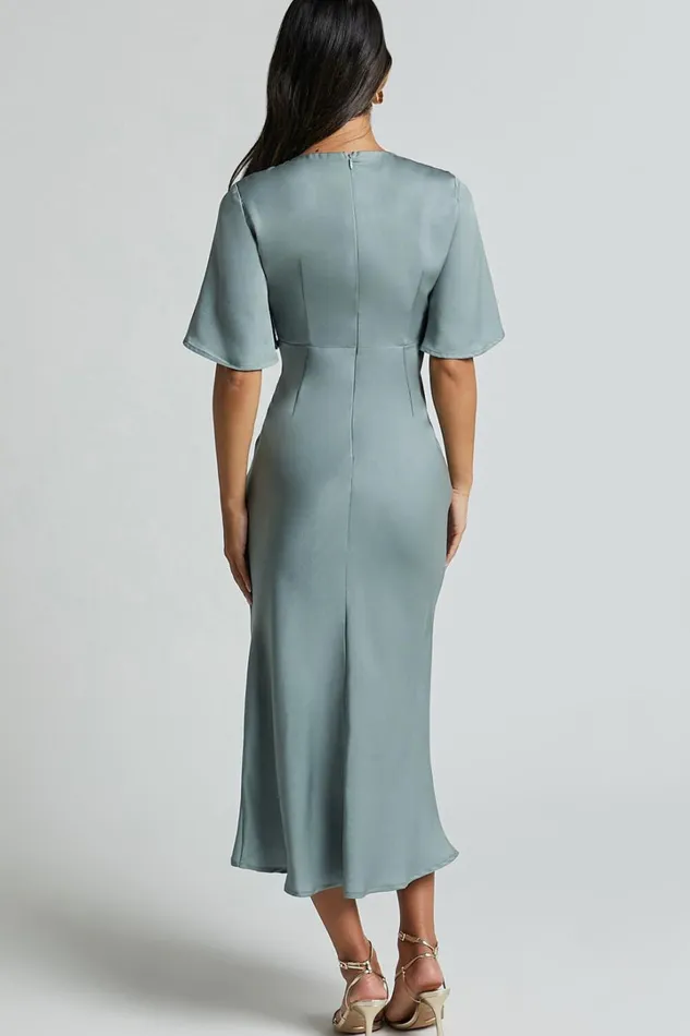 Nicholla Midi Dress 8211 Ruched Front Angel Sleeve Slip Dress In Sage Women Showpo Dresses