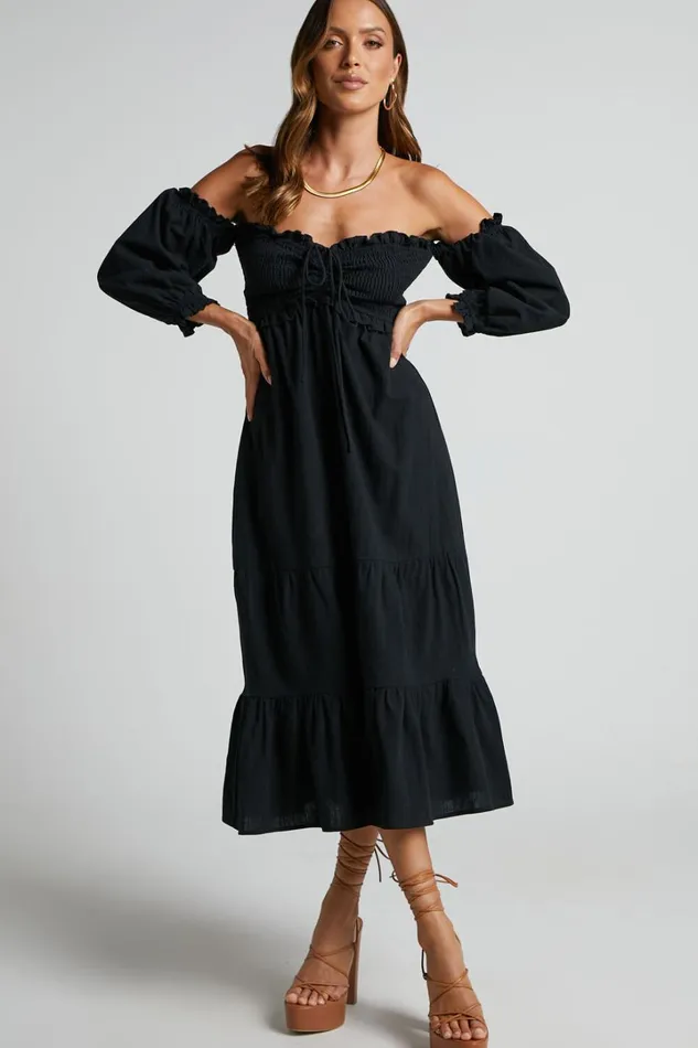 Nikka Midi Dress 8211 Shirred Off Shoulder Puff Sleeve Dress In Black Women Showpo Conscious Nikka Midi Dress 8211 Shirred Off Shoulder Puff Sleeve Dress In Black Women Showpo Conscious