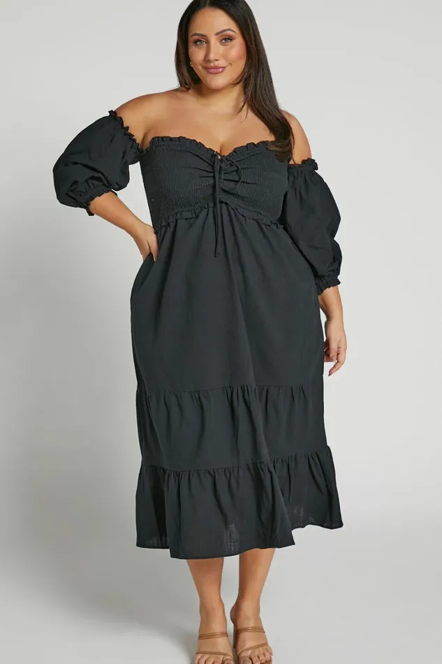 Nikka Midi Dress 8211 Shirred Off Shoulder Puff Sleeve Dress In Black Women Showpo Conscious