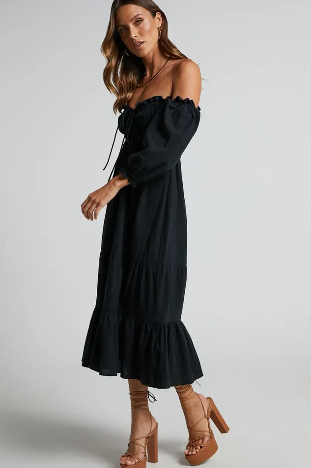 Nikka Midi Dress 8211 Shirred Off Shoulder Puff Sleeve Dress In Black Women Showpo Conscious