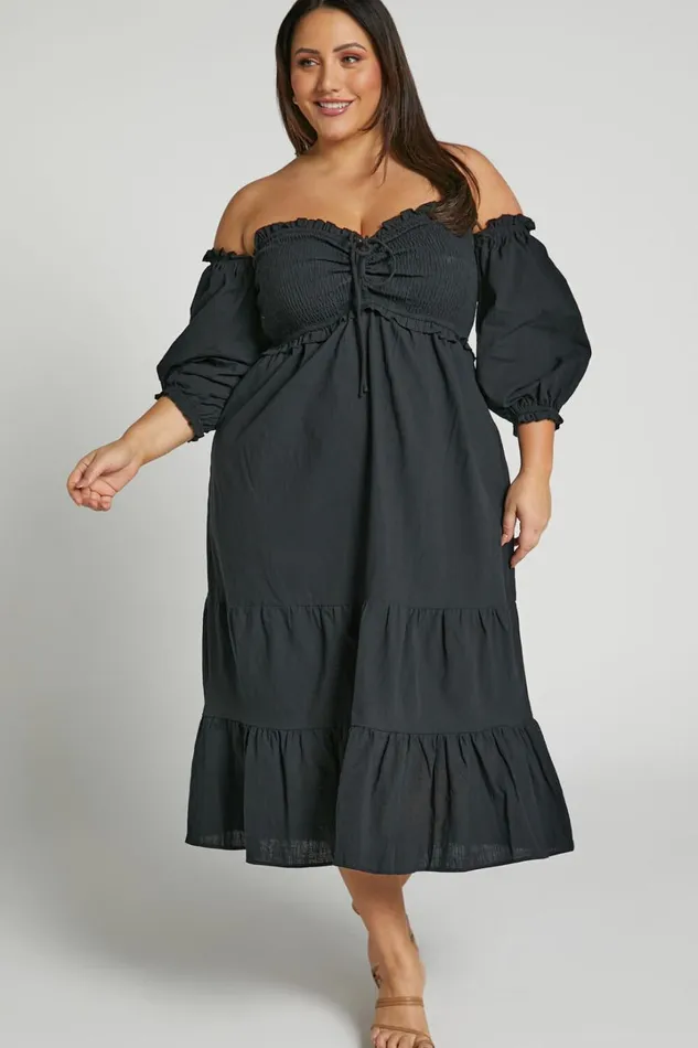 Nikka Midi Dress 8211 Shirred Off Shoulder Puff Sleeve Dress In Black Women Showpo Conscious
