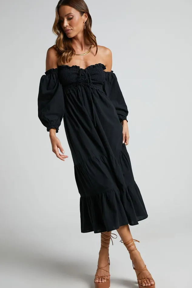 Nikka Midi Dress 8211 Shirred Off Shoulder Puff Sleeve Dress In Black Women Showpo Conscious