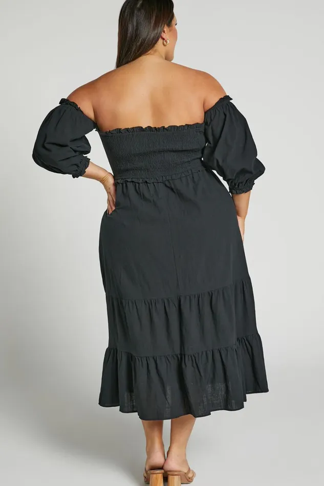 Nikka Midi Dress 8211 Shirred Off Shoulder Puff Sleeve Dress In Black Women Showpo Conscious