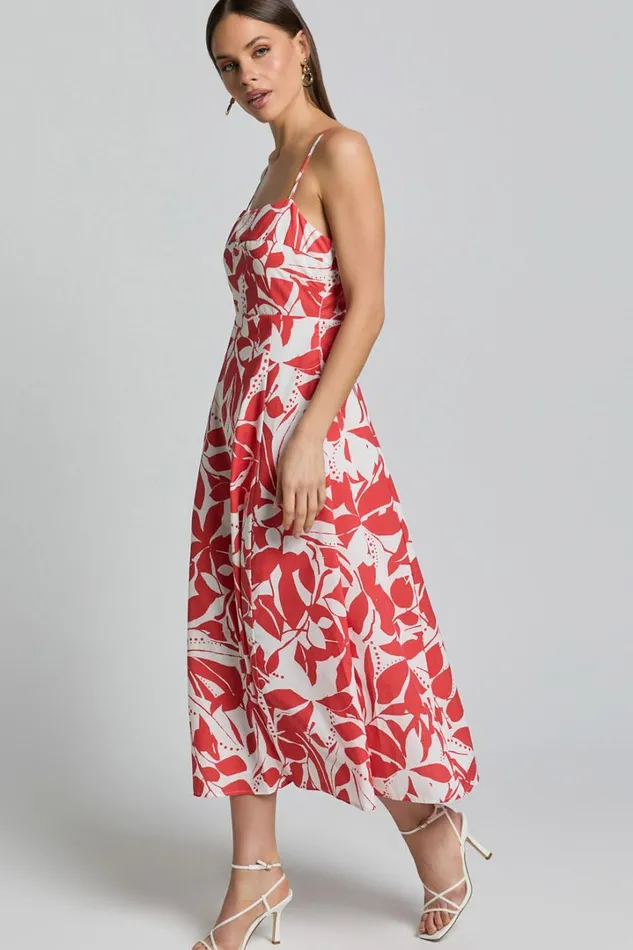 Nylia Midi Dress 8211 Strappy Fit And Flare Dress In Red Floral Women Showpo Curve Clothes