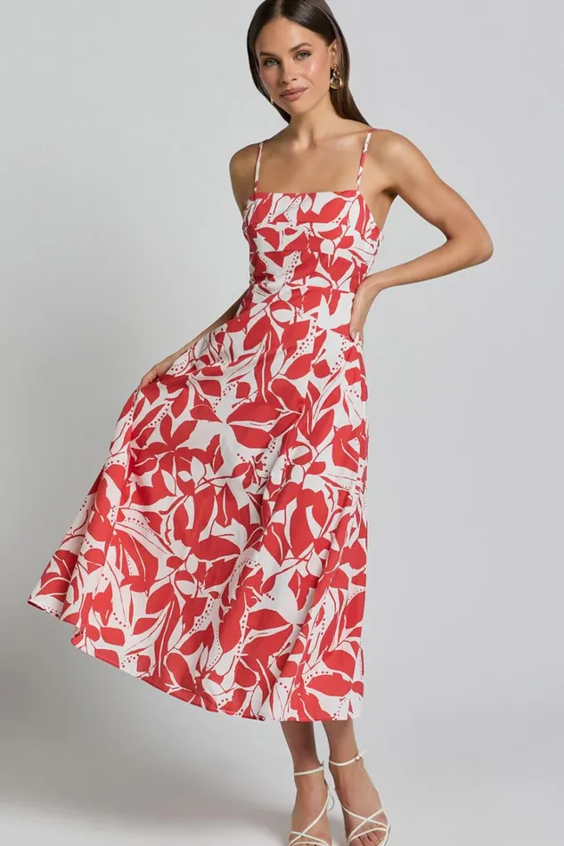 Nylia Midi Dress 8211 Strappy Fit And Flare Dress In Red Floral Women Showpo Curve Clothes
