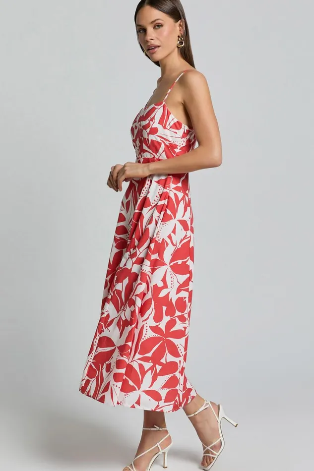 Nylia Midi Dress 8211 Strappy Fit And Flare Dress In Red Floral Women Showpo Curve Clothes