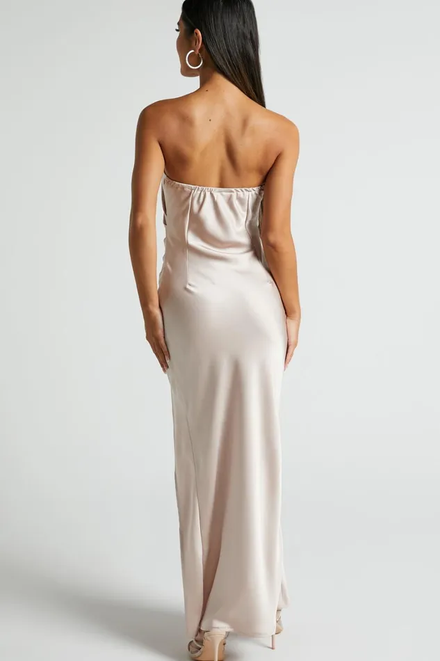 Olivia Midi Dress 8211 Strapless Gathered Side Split Satin Dress In Champagne Women Showpo Dresses