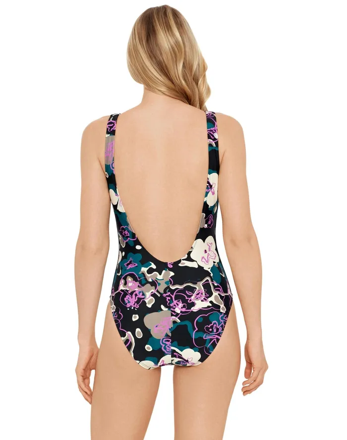 One Piece Bathing Suit Low Back Abstract Floral Print Script Logo Lavender Floral Print Women Champion Swimwear